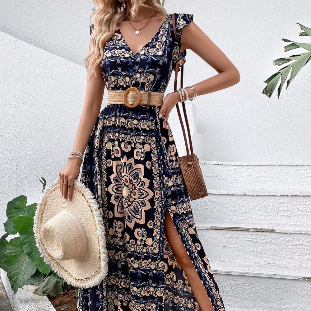 Navy Blue Casual Womens Scarf Print Ruffle Trim Split Thigh Dress Without Belt - Picture 2 of 6